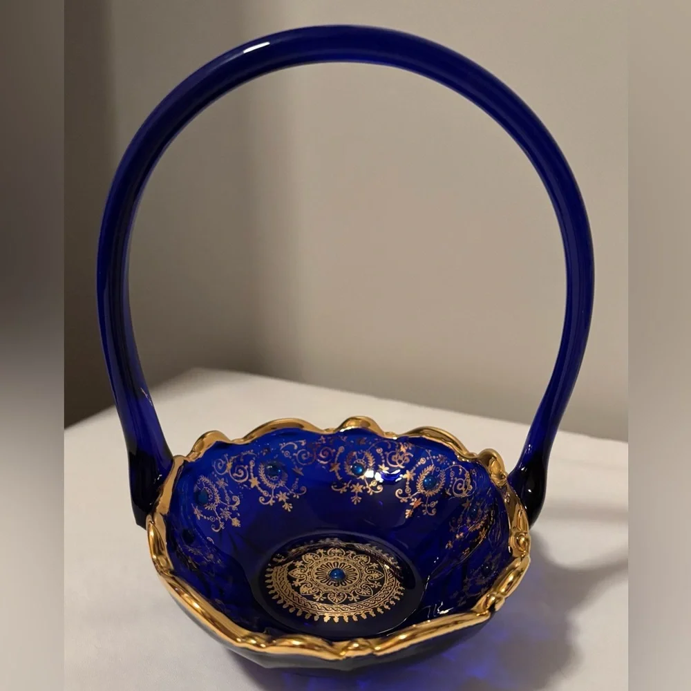 Gorgeous 1960’s Cobalt Blue Glass Basket w/Gold Gilded Decor&Cobalt Blue Beading